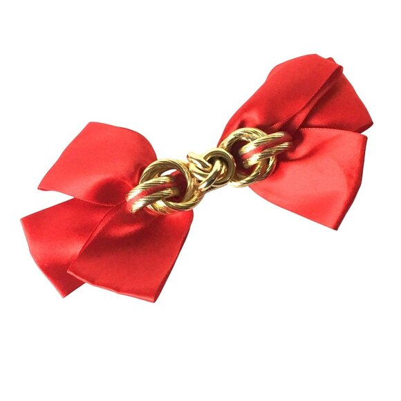Oversized Red Satin Bow Golden Knot Hair Clip Vintage 80s Accessory Headwear Hea - Picture 1 of 5
